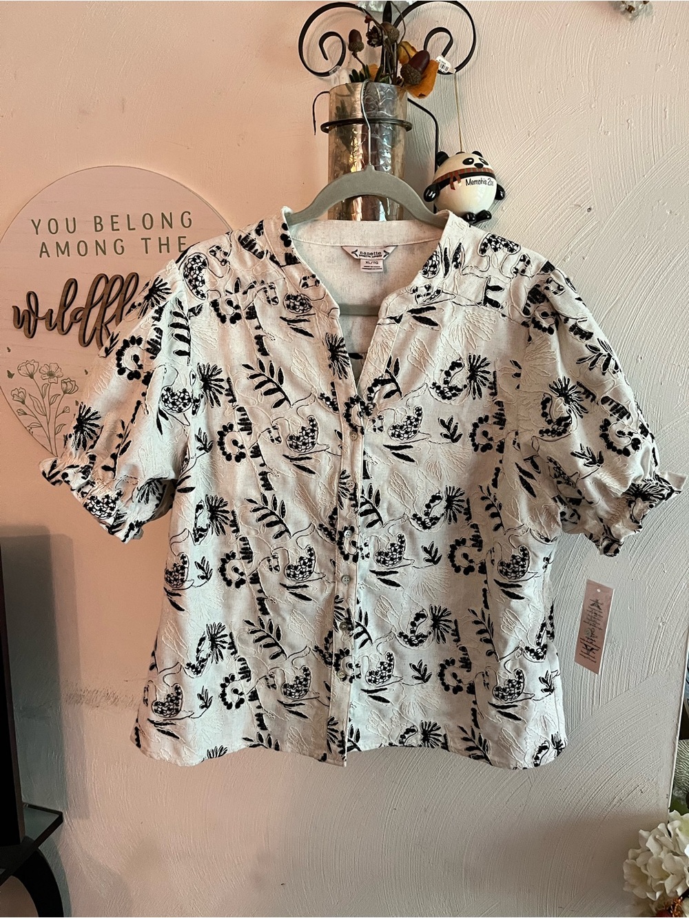 Nanette Lepore White Button-Down Shirt with Black Floral Print